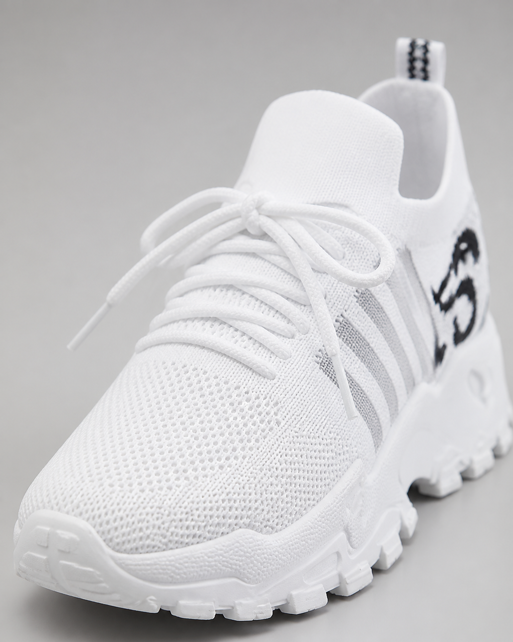 Aura Chunky-Sole Knit Trainers | Women's Lace-Up Mesh Sneakers — White 3 — macro