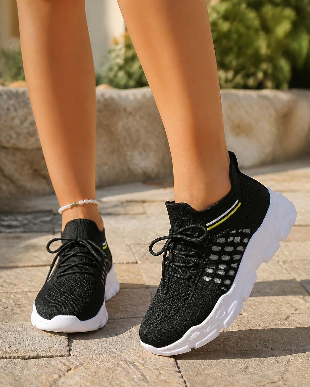 Aura Chunky-Sole Knit Trainers | Women's Lace-Up Mesh Sneakers — Black — onfoot