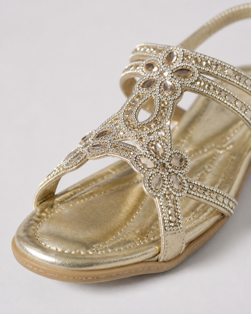 Elina Floral-Trim Flat Sandals | Women's Embellished Slingback Sandals — Gold — macro
