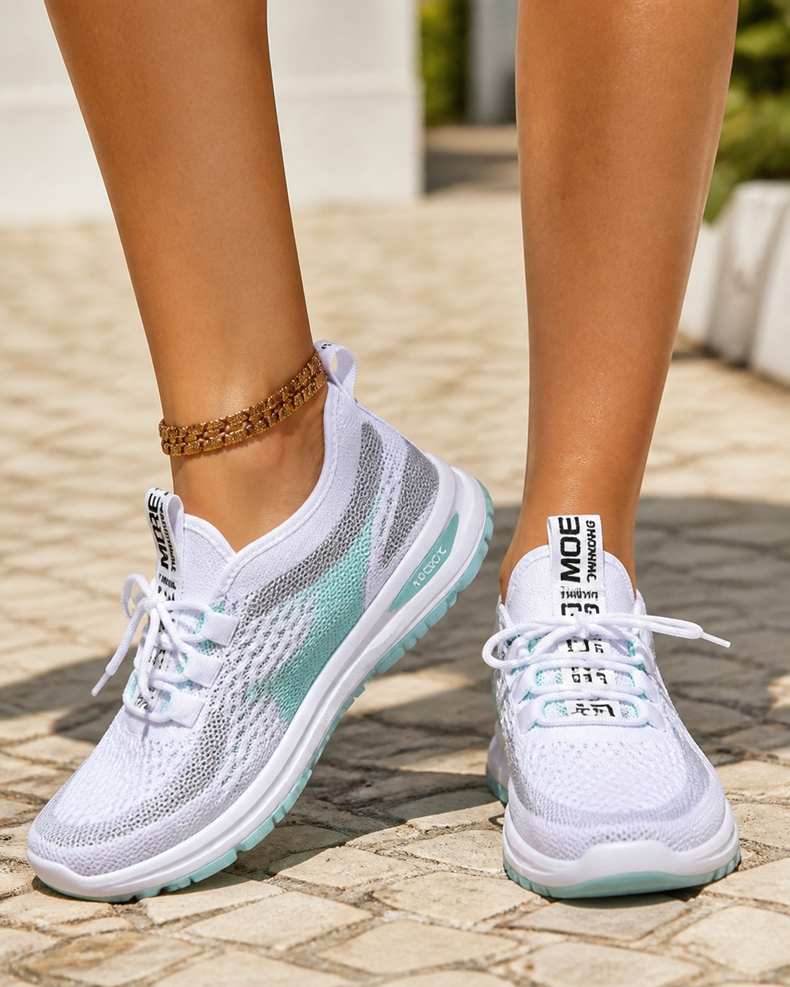 Koda Chunky-Sole Mesh Trainers | Women's Colour-Block Sneakers — Turquoise — onfoot
