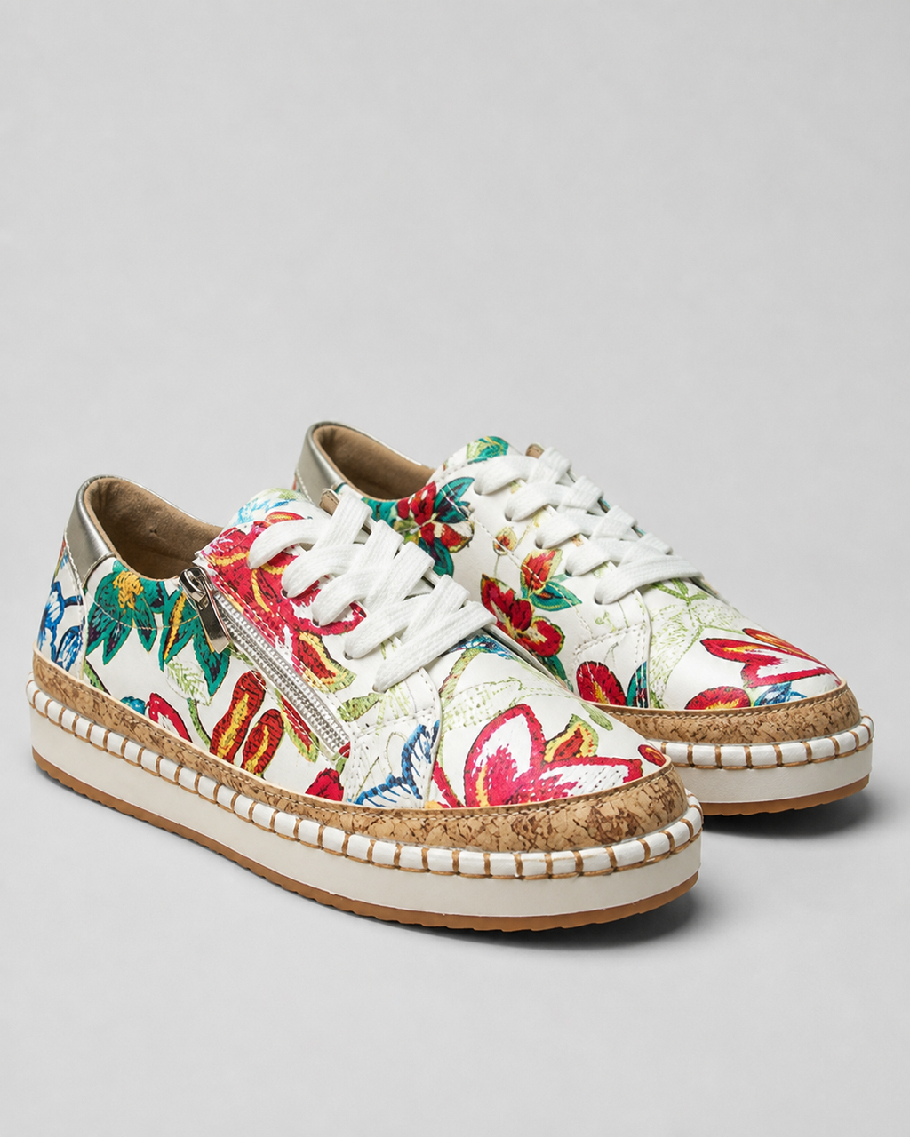 Blossom Floral Espadrille Sneakers | Women's Embroidered Zip Trainers — Red — hero