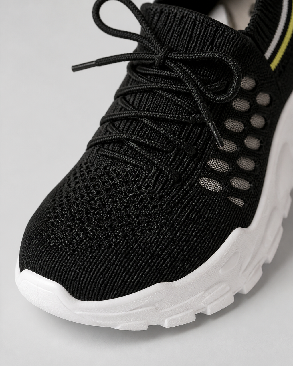 Aura Chunky-Sole Knit Trainers | Women's Lace-Up Mesh Sneakers — Black — macro