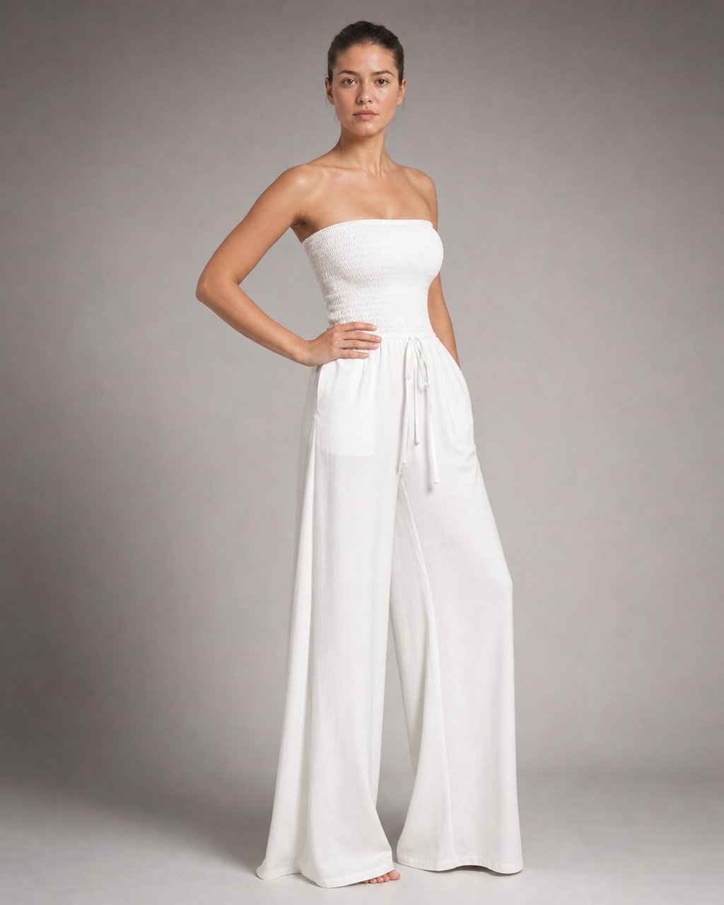 Bella Strapless Jumpsuit | Women's Wide-Leg One-Piece — White — threequarter