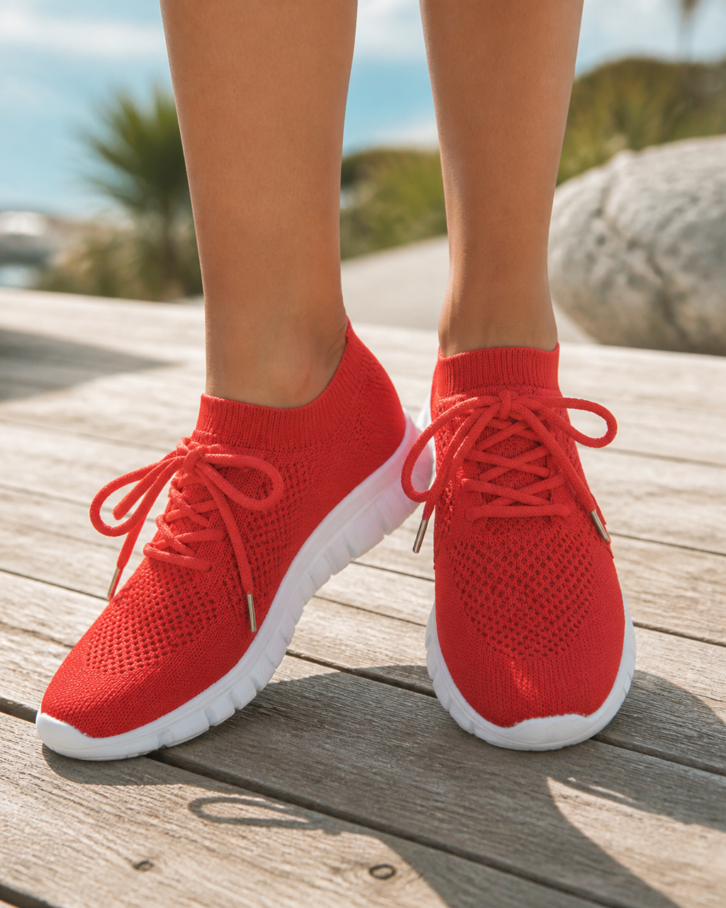 Nova Lightweight Knit Sneakers | Women's Lace-Up Trainers — Red — onfoot