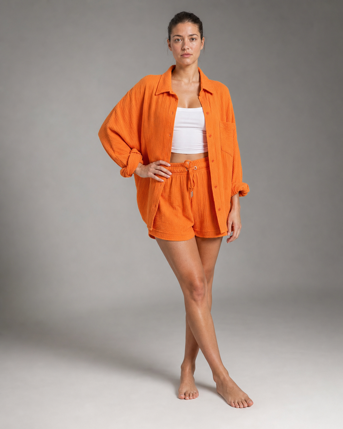 Rosa Shirt & Shorts Set | Women's Two-Piece Summer Co-Ord — Orange — threequarter
