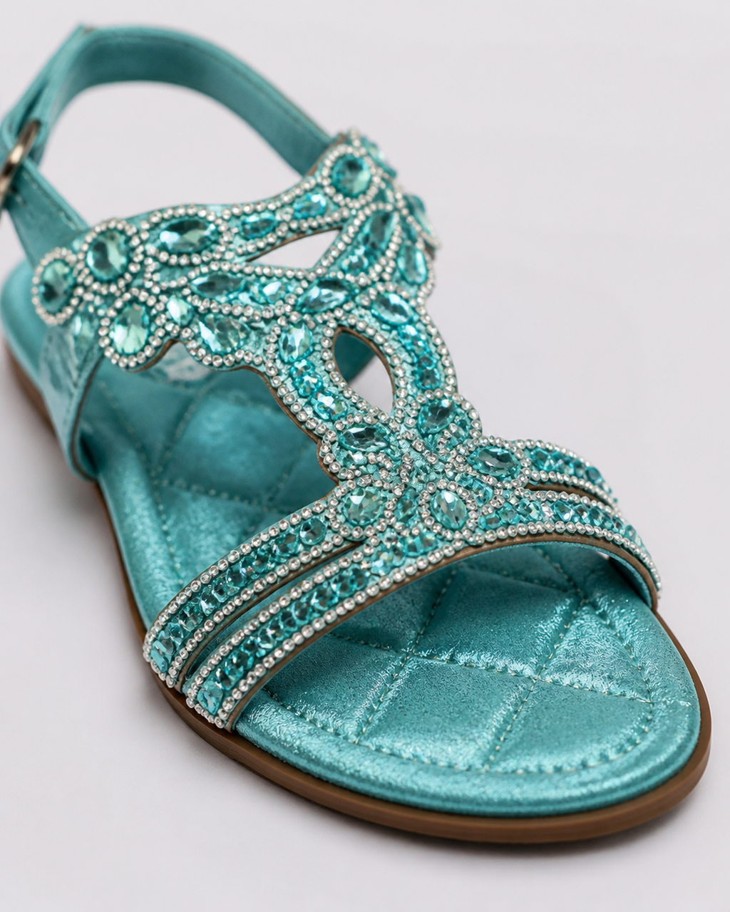 Elina Floral-Trim Flat Sandals | Women's Embellished Slingback Sandals — Light Blue — macro
