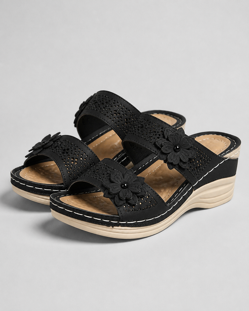 Delor Floral Wedge Slides | Women's Slip-On Platform Sandals — Black — hero