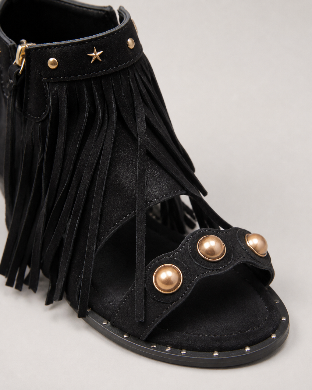 Tatiana Fringe Flat Sandals | Women's Ankle-Strap Summer Sandals — Black — macro