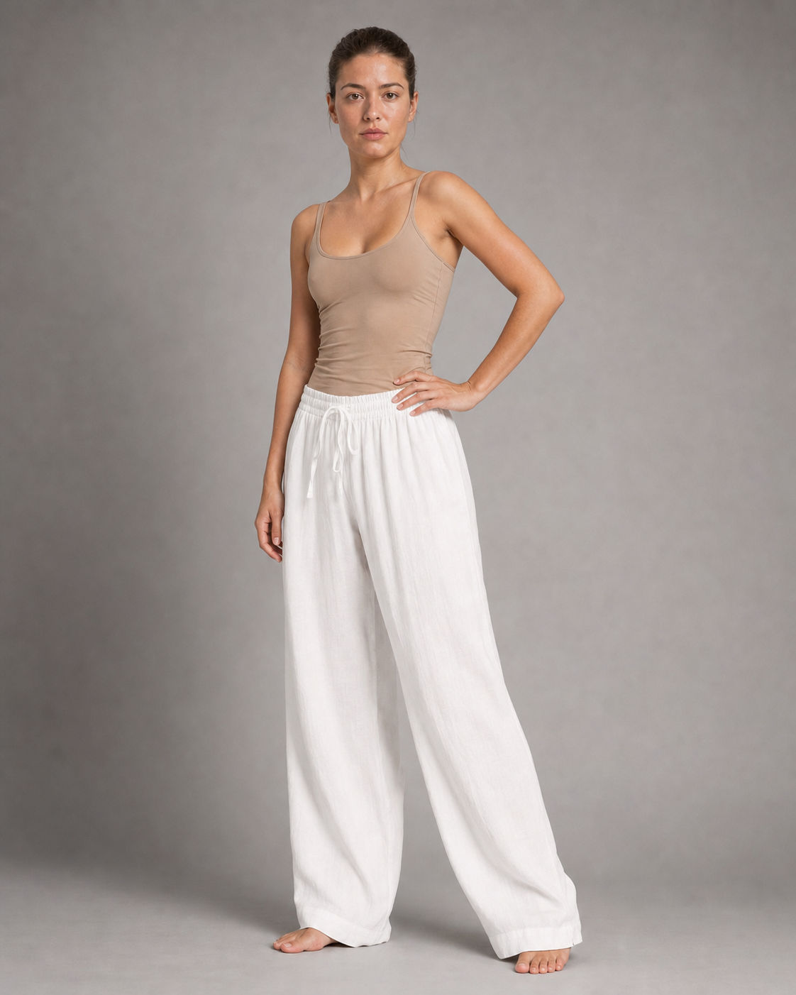 Sandra Drawstring Wide-Leg Pants | Women's Relaxed Trousers — White — threequarter