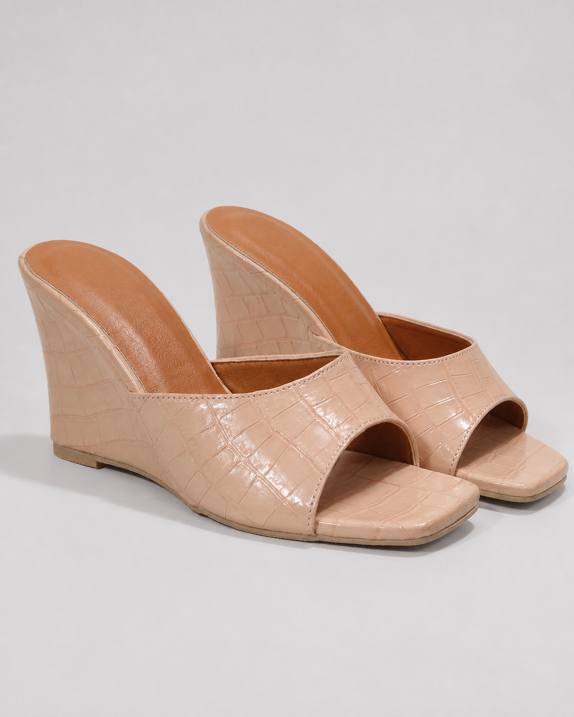 Monroe Snake-Effect Wedge Sandals | Women's Peep-Toe Mule Sandals — Nude — hero