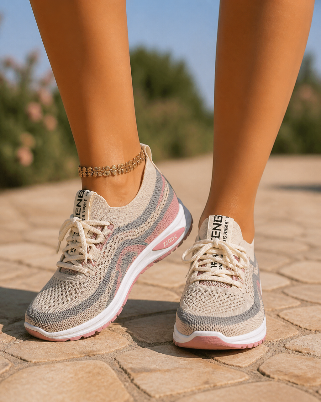 Koda Chunky-Sole Mesh Trainers | Women's Colour-Block Sneakers — Khaki — onfoot