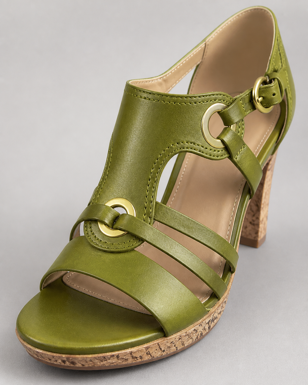 Bella Strappy Heeled Sandals | Women's Buckle Summer Sandals — Green — macro