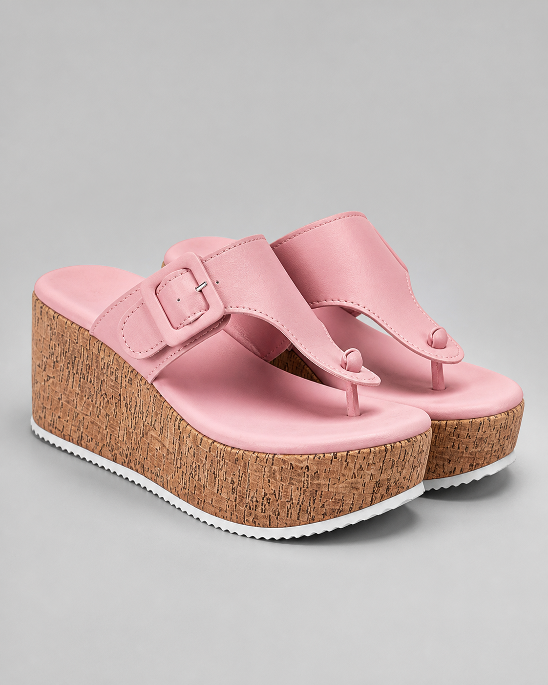 Cork Wedge Thong Sandals | Women's Buckle Platform Sandals — Pink — hero