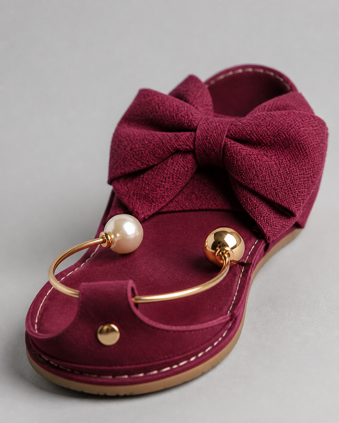 Corwyn Bow Flat Sandals | Women's Pearl Ankle-Cuff Sandals — Burgundy — macro