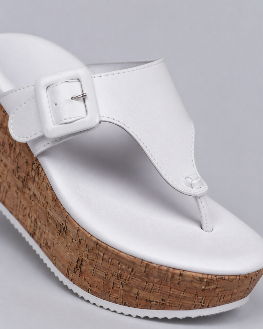 Cork Wedge Thong Sandals | Women's Buckle Platform Sandals — White — macro