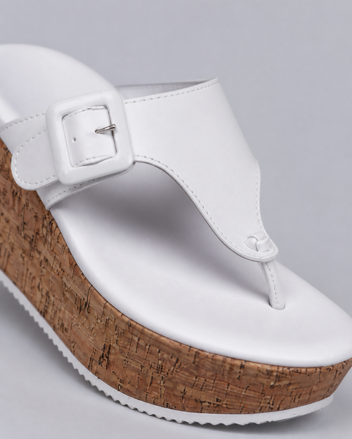 Cork Wedge Thong Sandals | Women's Buckle Platform Sandals — White — macro