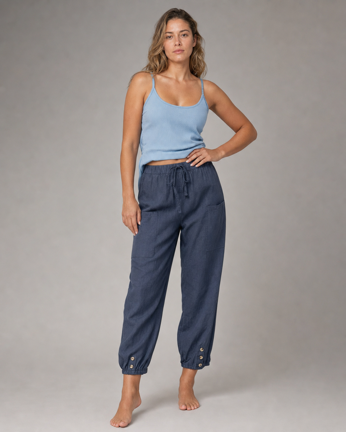 Lena High-Waist Straight Pants | Women's Relaxed Trousers — Navy Blue — threequarter