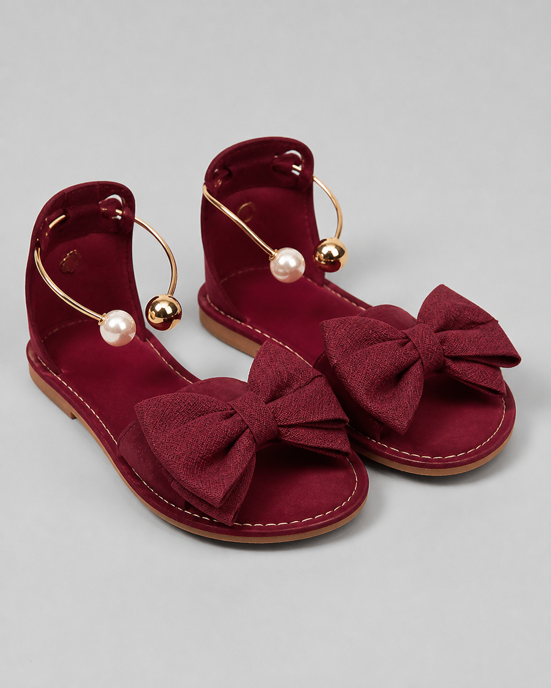 Corwyn Bow Flat Sandals | Women's Pearl Ankle-Cuff Sandals — Burgundy — hero
