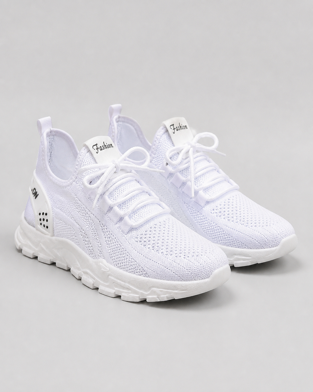 Aura Chunky-Sole Knit Trainers | Women's Lace-Up Mesh Sneakers — White 2 — hero