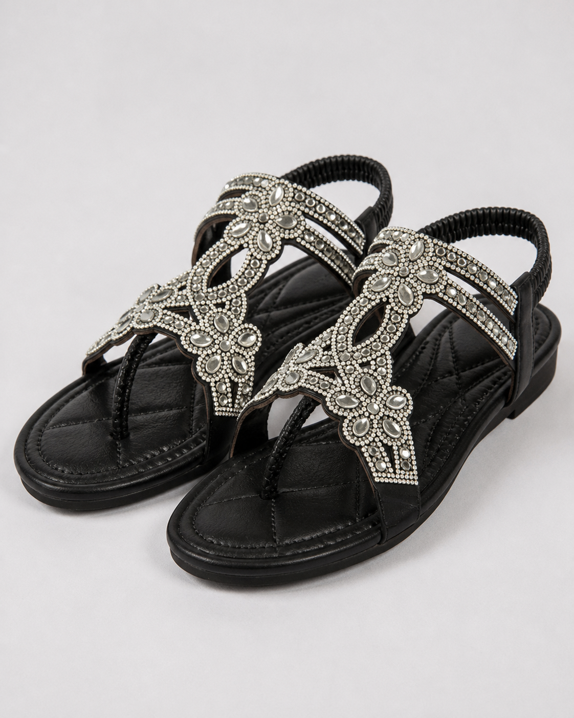 Elina Floral-Trim Flat Sandals | Women's Embellished Slingback Sandals — Black — hero