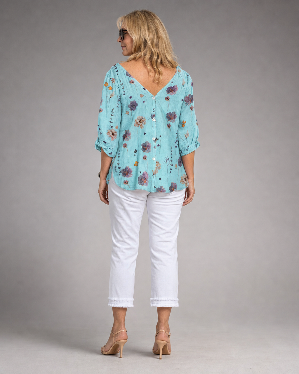 Sherry Floral Blouse | Women's V-Neck Relaxed Top — Blue — back
