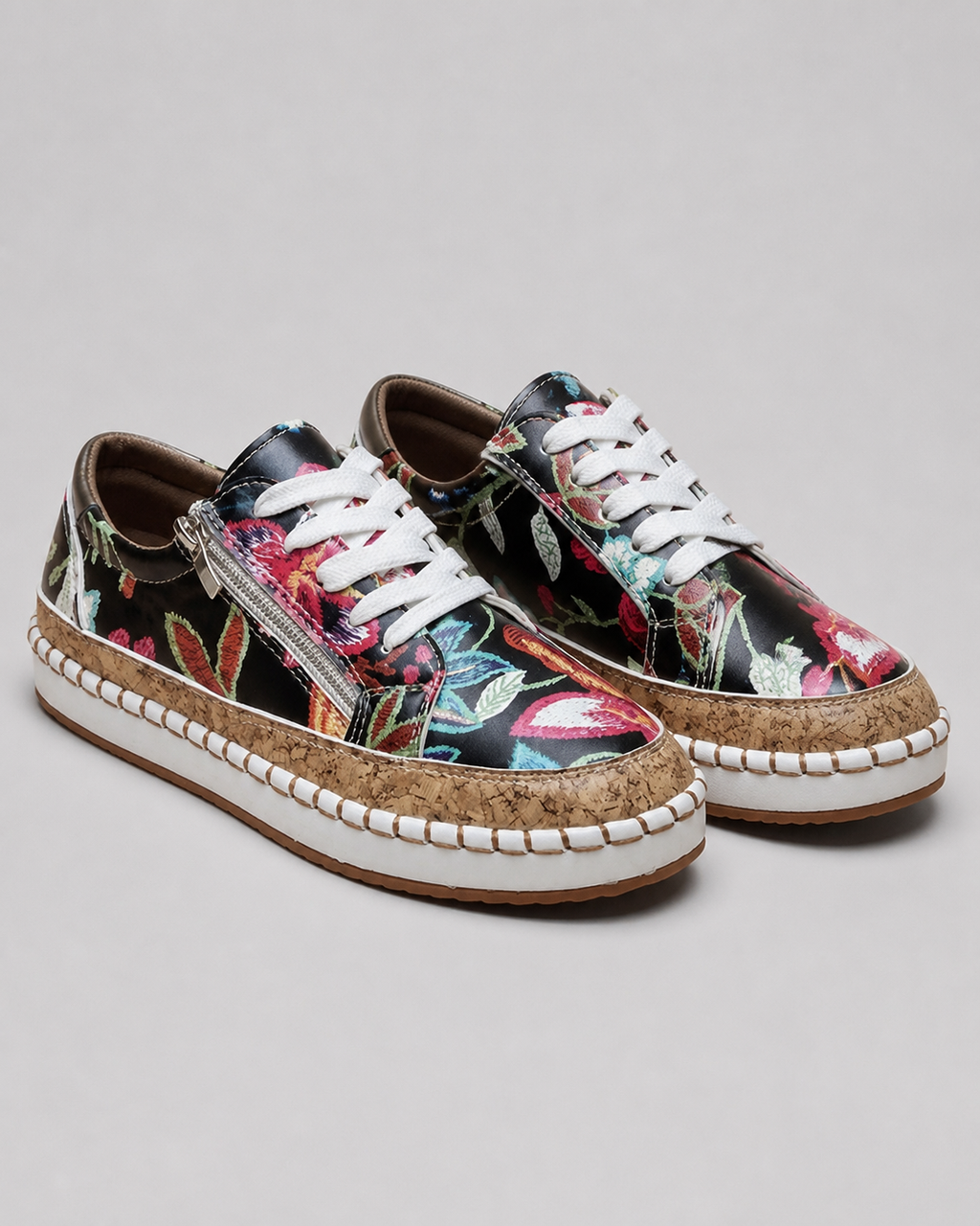Blossom Floral Espadrille Sneakers | Women's Embroidered Zip Trainers — Black — hero