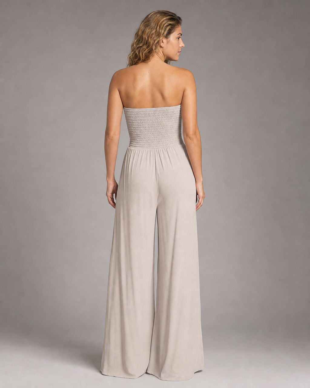 Bella Strapless Jumpsuit | Women's Wide-Leg One-Piece — Beige — back