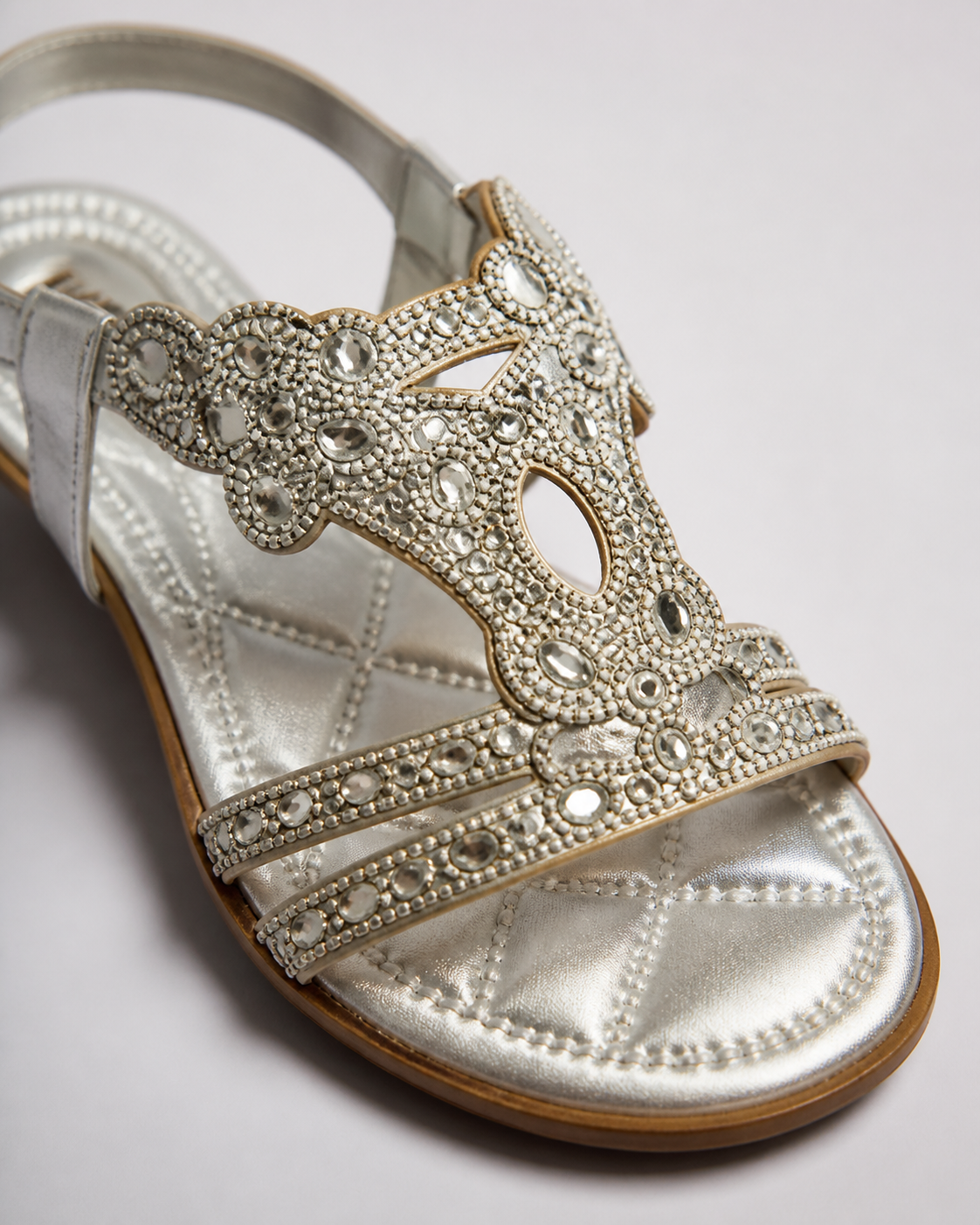 Elina Floral-Trim Flat Sandals | Women's Embellished Slingback Sandals — Silver — macro
