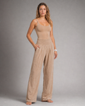Susan Smocked Wide-Leg Pants | Women's Flowing Beach Trousers — Beige — threequarter