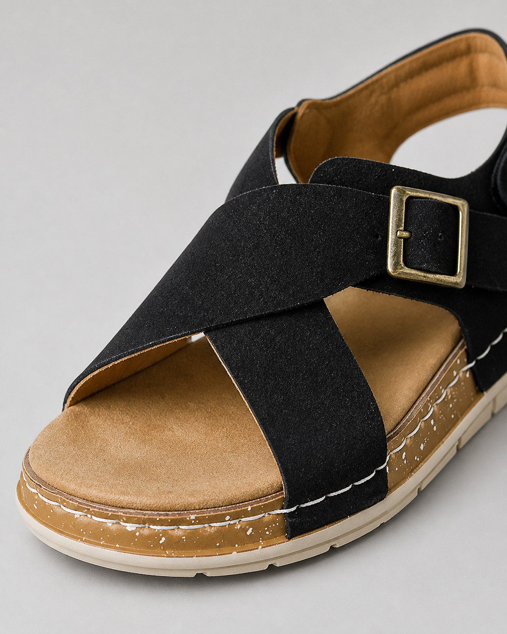 Viola Cross-Strap Wedge Sandals | Women's Cushioned Comfort Sandals — Black — macro