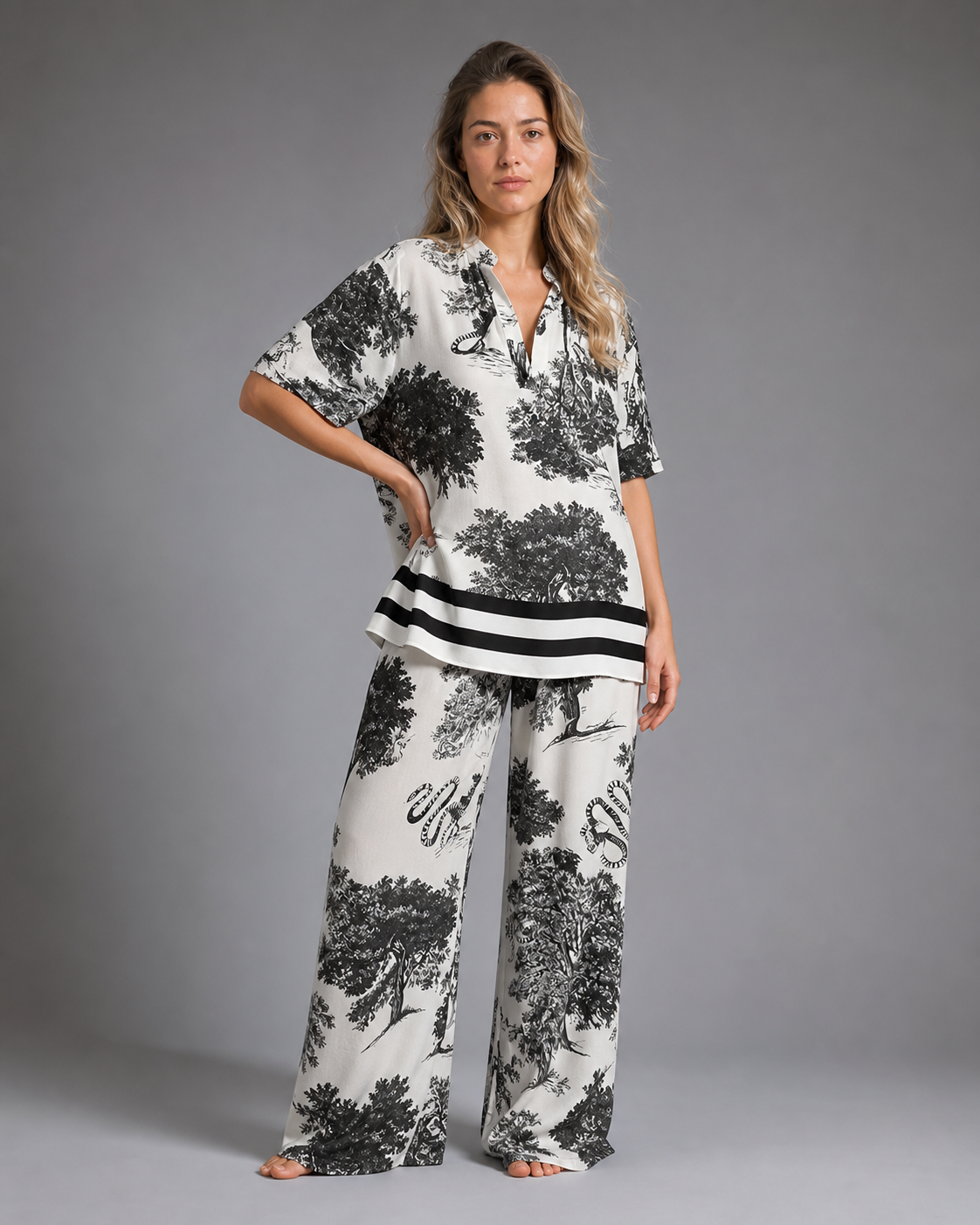 Amber Printed V-Neck Set | Women's Top & Trouser Two-Piece — White — threequarter