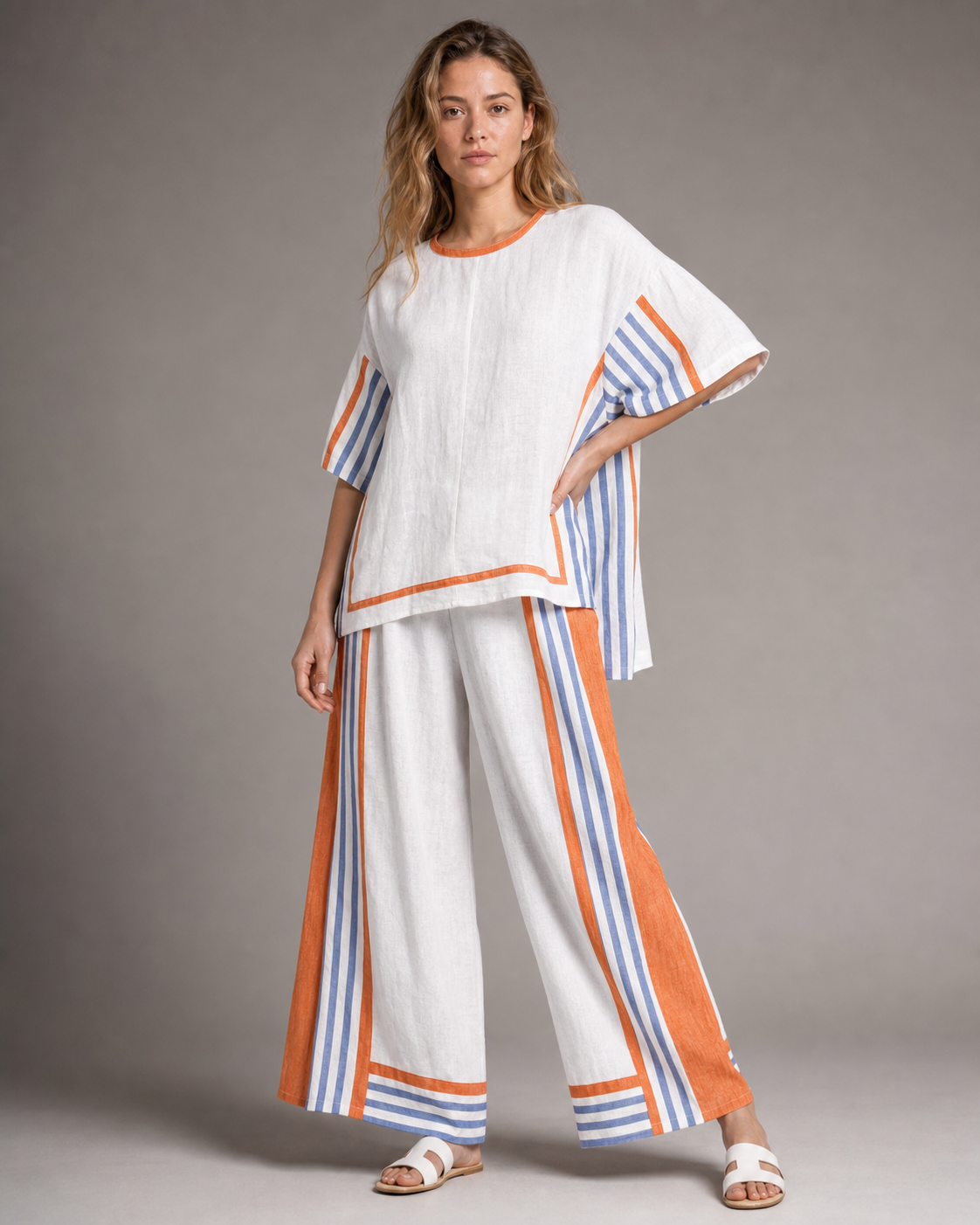 Brooke Striped Co-Ord | Women's Two-Piece Wide-Leg Set — White — threequarter