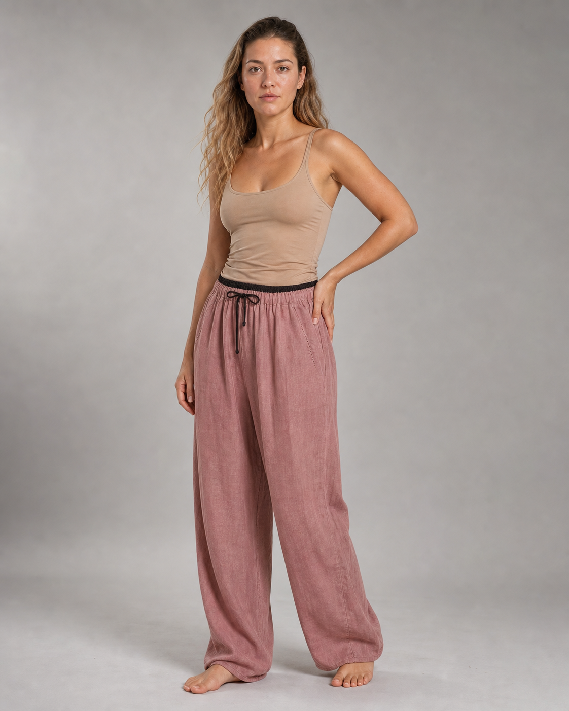 Vivo Drawstring Tapered Pants | Women's Relaxed Summer Trousers — Pink — threequarter