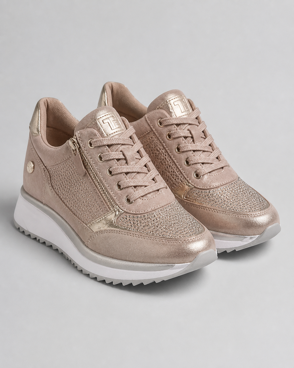 Sparkle Rhinestone Zip Trainers | Women's Metallic Lace-Up Sneakers — Beige — hero
