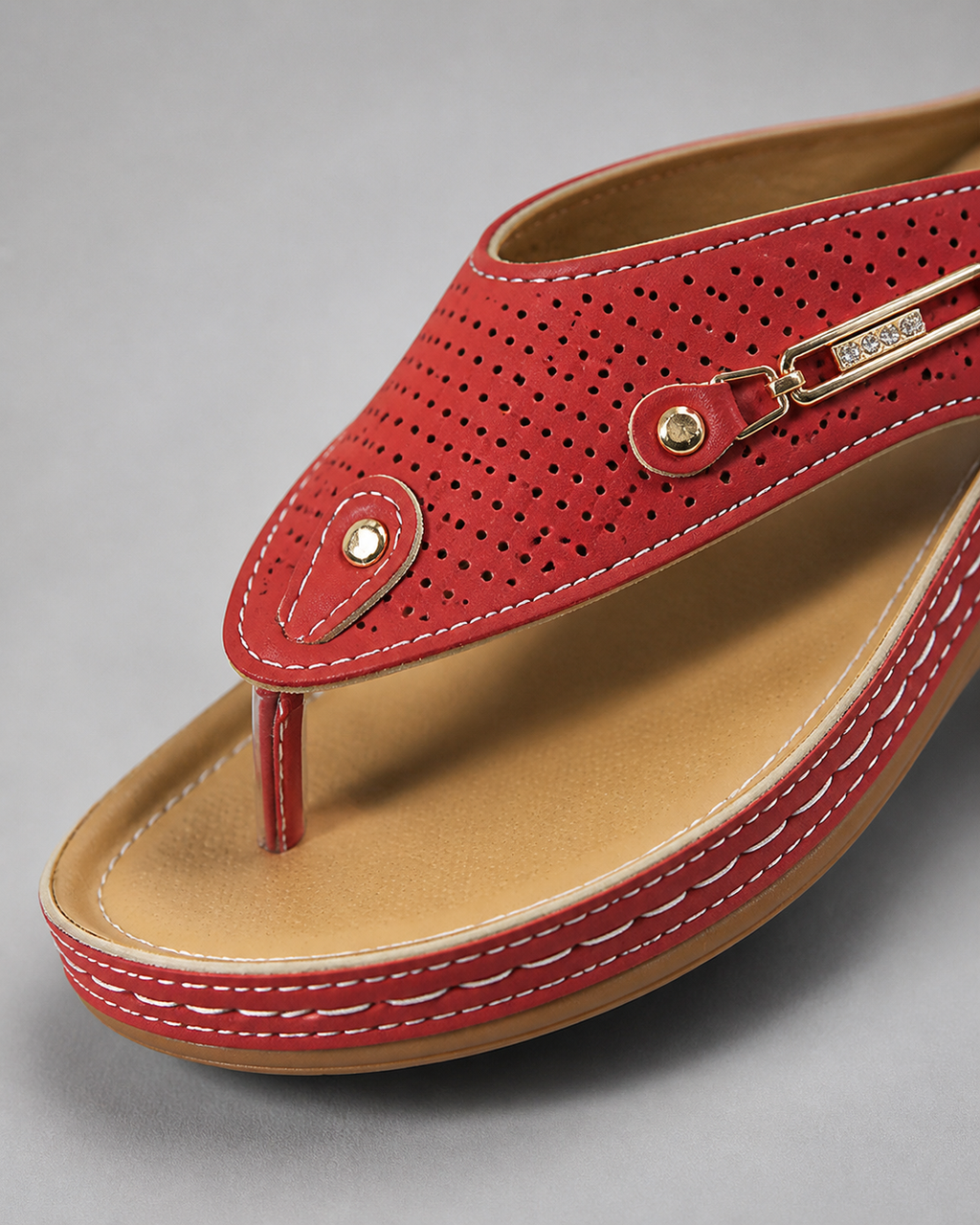 Nysa Embellished Thong Sandals | Women's Cushioned Wedge Sandals — Red — macro