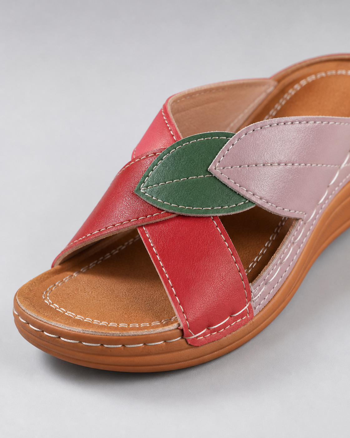 Petra Patchwork Wedge Sandals | Women's Slip-On Comfort Sandals — Pink — macro