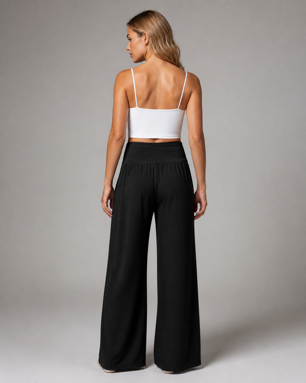 Susan Smocked Wide-Leg Pants | Women's Flowing Beach Trousers — Black — back
