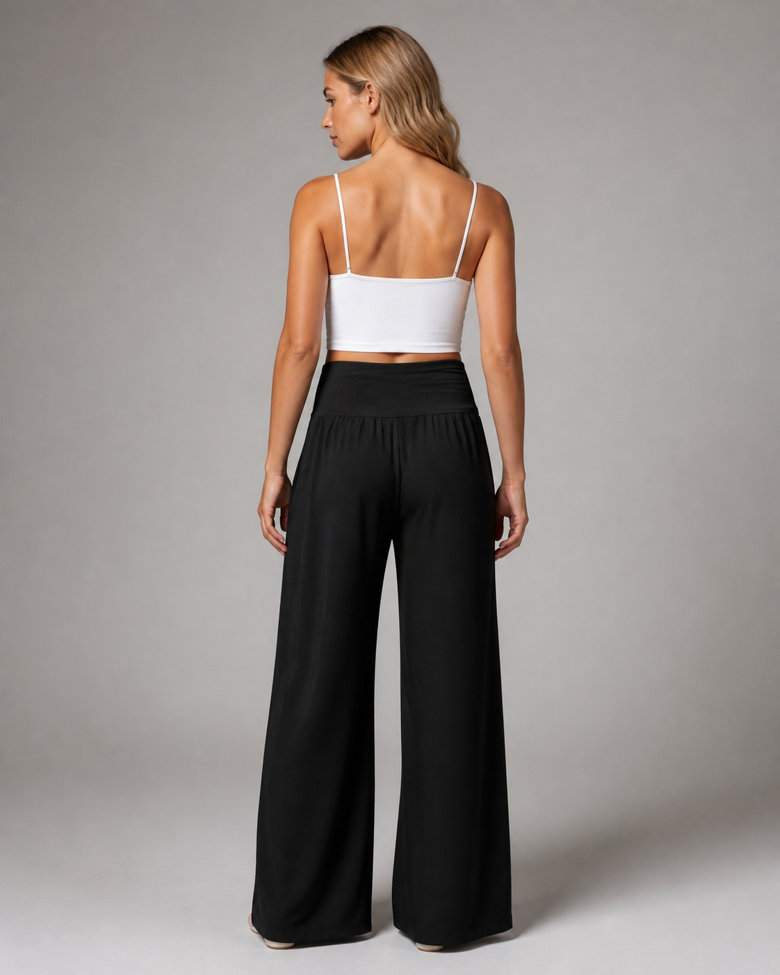Susan Smocked Wide-Leg Pants | Women's Flowing Beach Trousers — Black — back