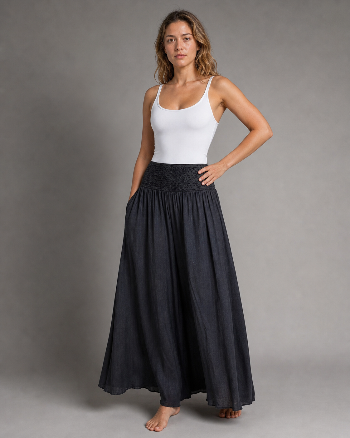 Lorraine High-Waist Palazzo Pants | Women's Wide-Leg Trousers — Gray — threequarter