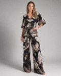 Amber Printed V-Neck Set | Women's Top & Trouser Two-Piece — Black — threequarter