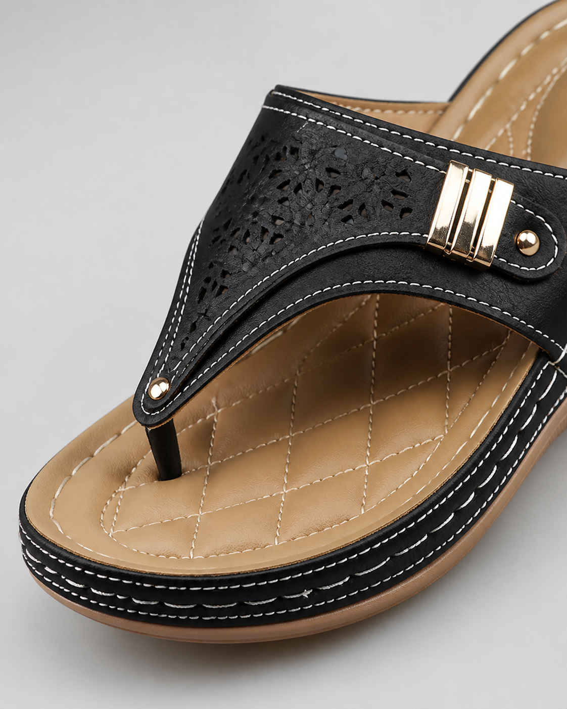Zara Embroidered Wedge Sandals | Women's Toe-Post Slip-On Sandals — Black — macro