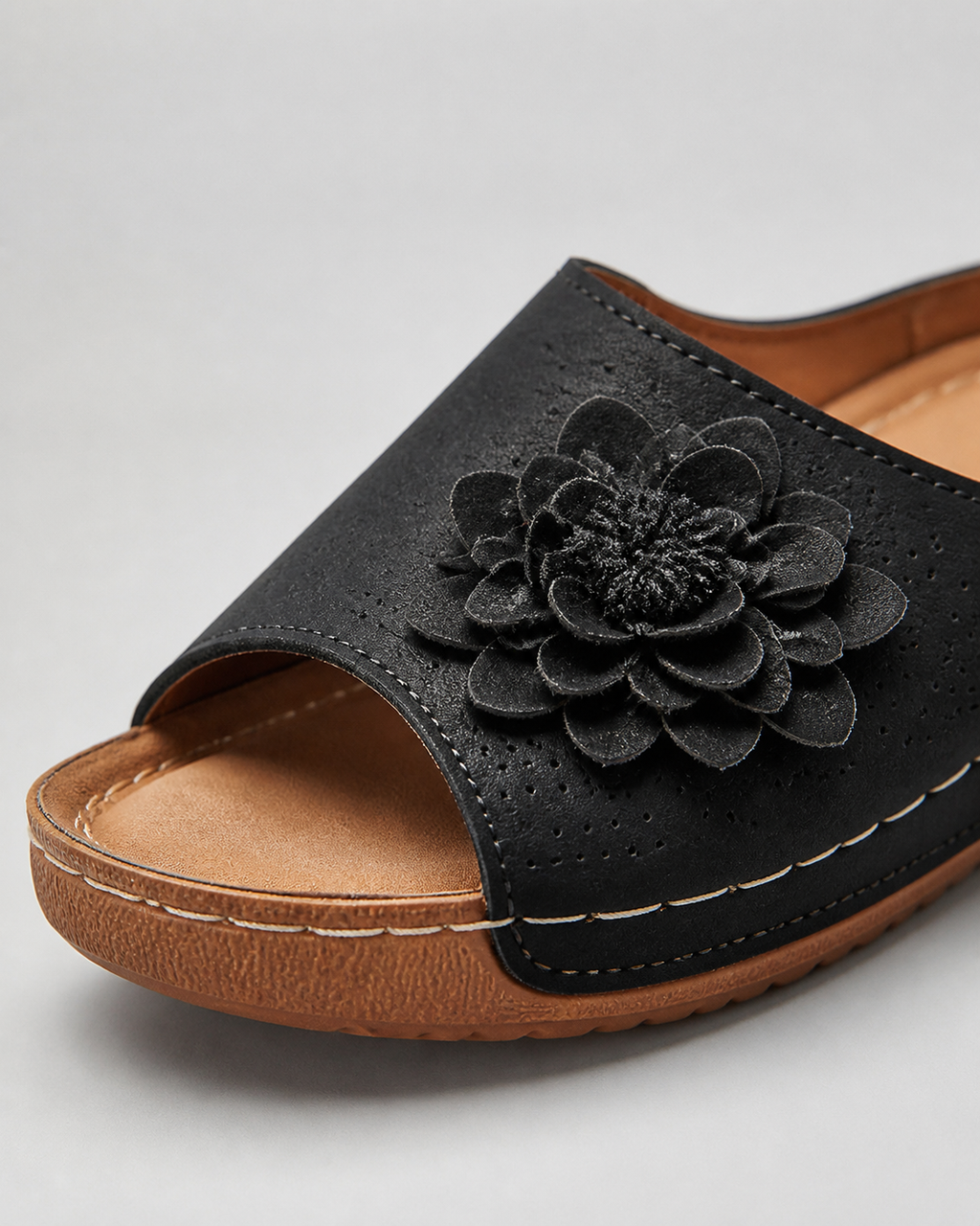 Flora Floral Wedge Sandals | Women's Slip-On Comfort Sandals — Black — macro