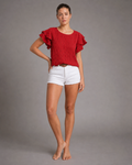 Charmaine Smocked Flutter-Sleeve Top | Women's Ruffle Blouse — Red — threequarter