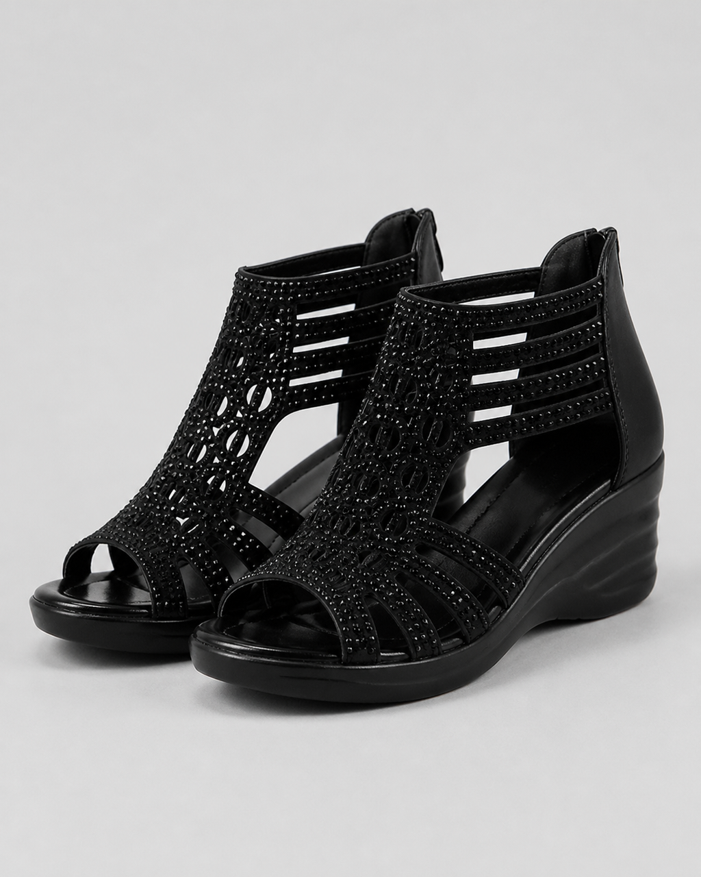Deana Caged Wedge Sandals | Women's Gladiator Summer Sandals — Black — hero
