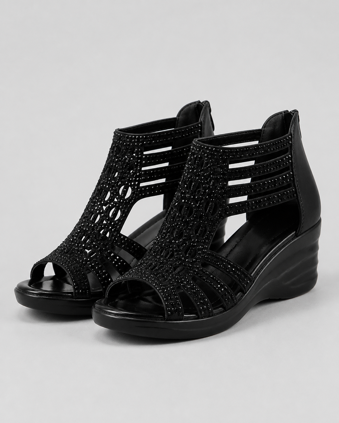 Deana Caged Wedge Sandals | Women's Gladiator Summer Sandals — Black — hero