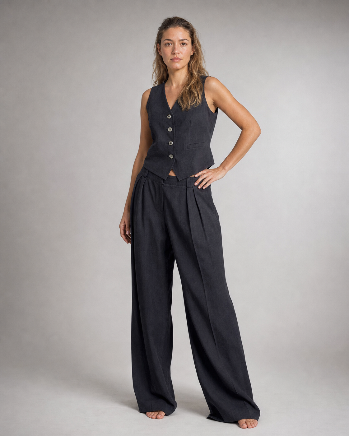 Omi Two-Piece Set | Women's Effortless Wide-Leg Co-Ord — Black — threequarter