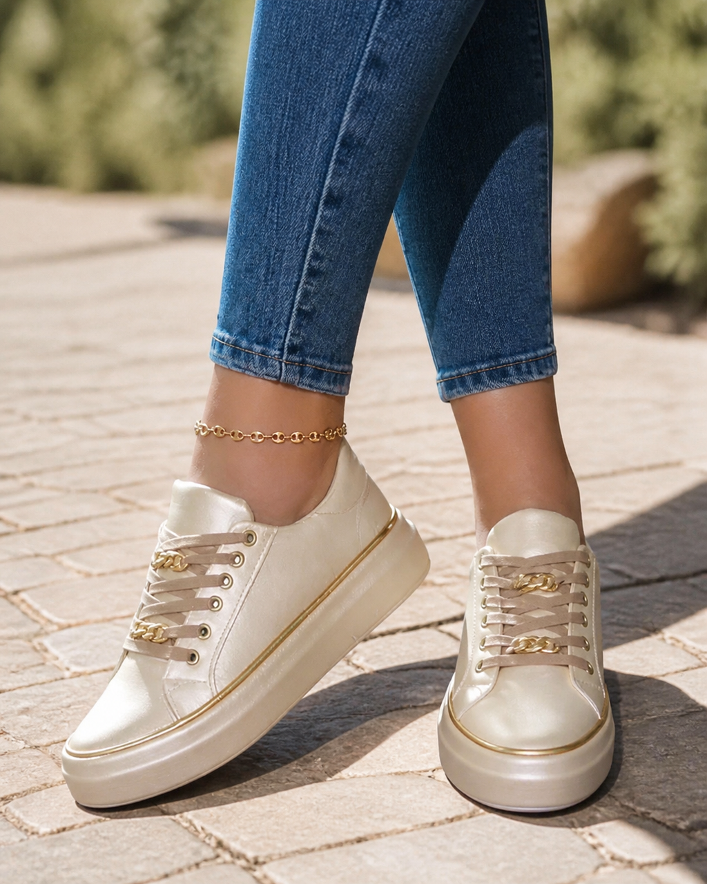 Harlow Flatform Lace-Up Sneakers | Women's Gold-Chain Trainers — Gold — onfoot