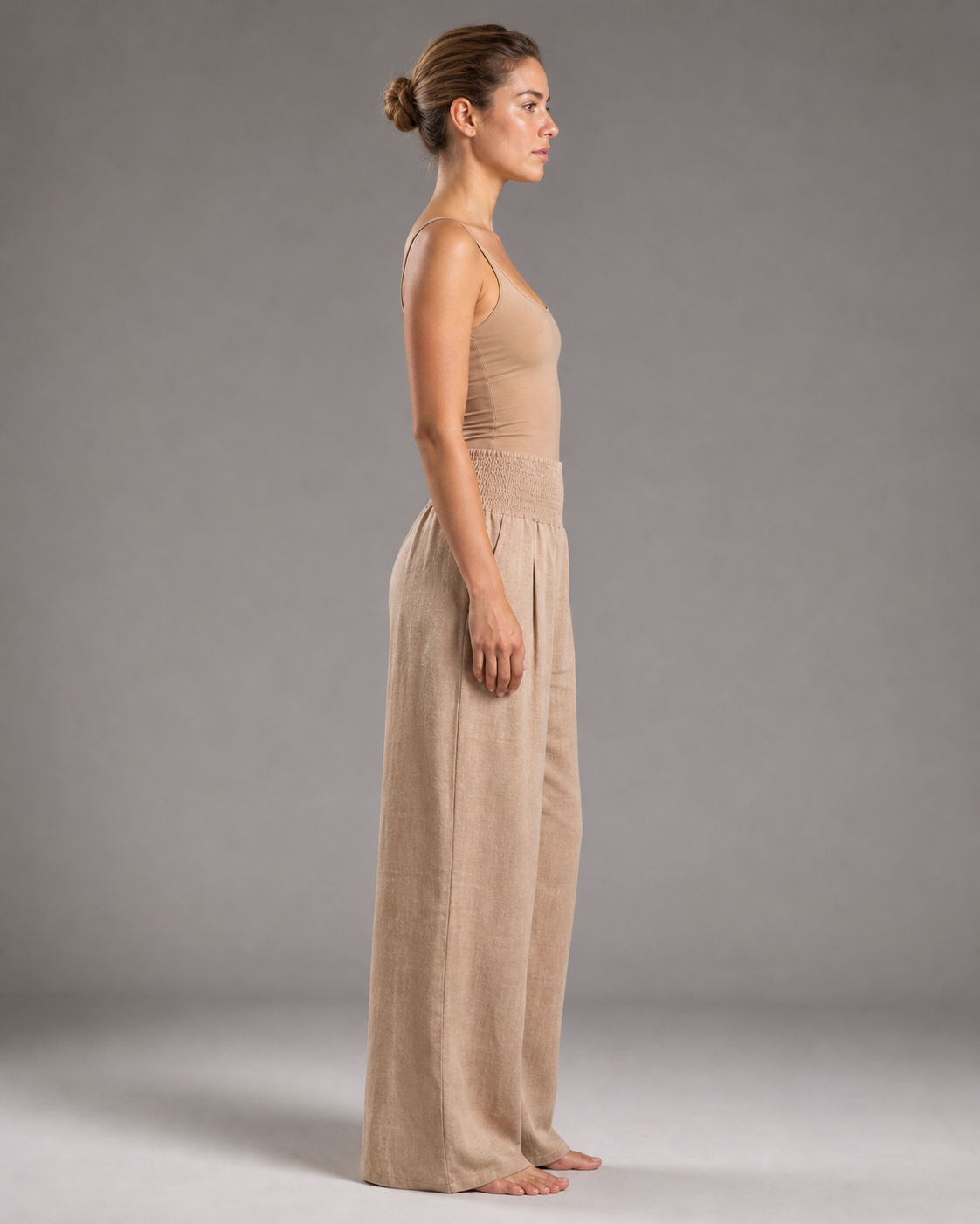 Susan Smocked Wide-Leg Pants | Women's Flowing Beach Trousers — Beige — side