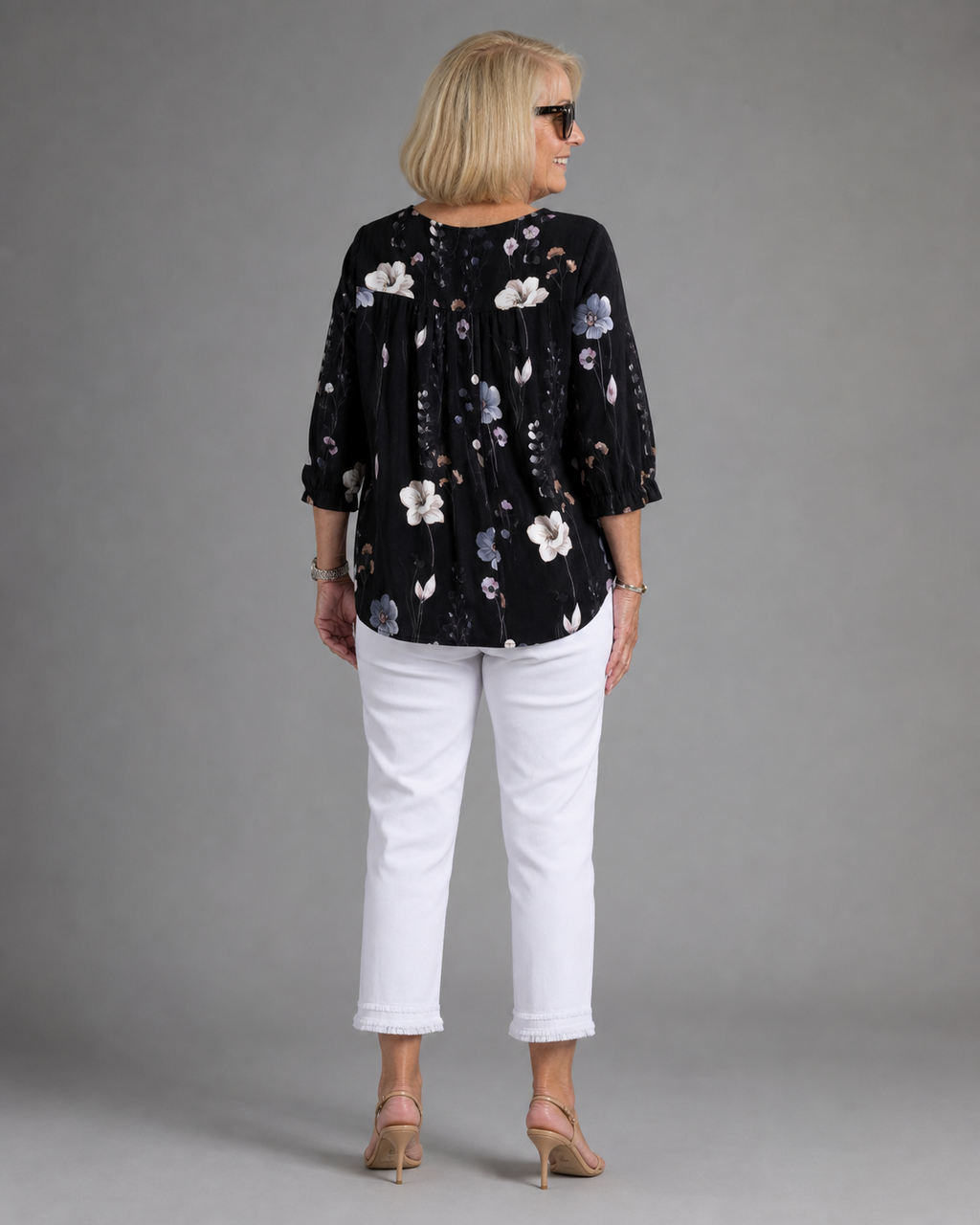 Sherry Floral Blouse | Women's V-Neck Relaxed Top — Black — back