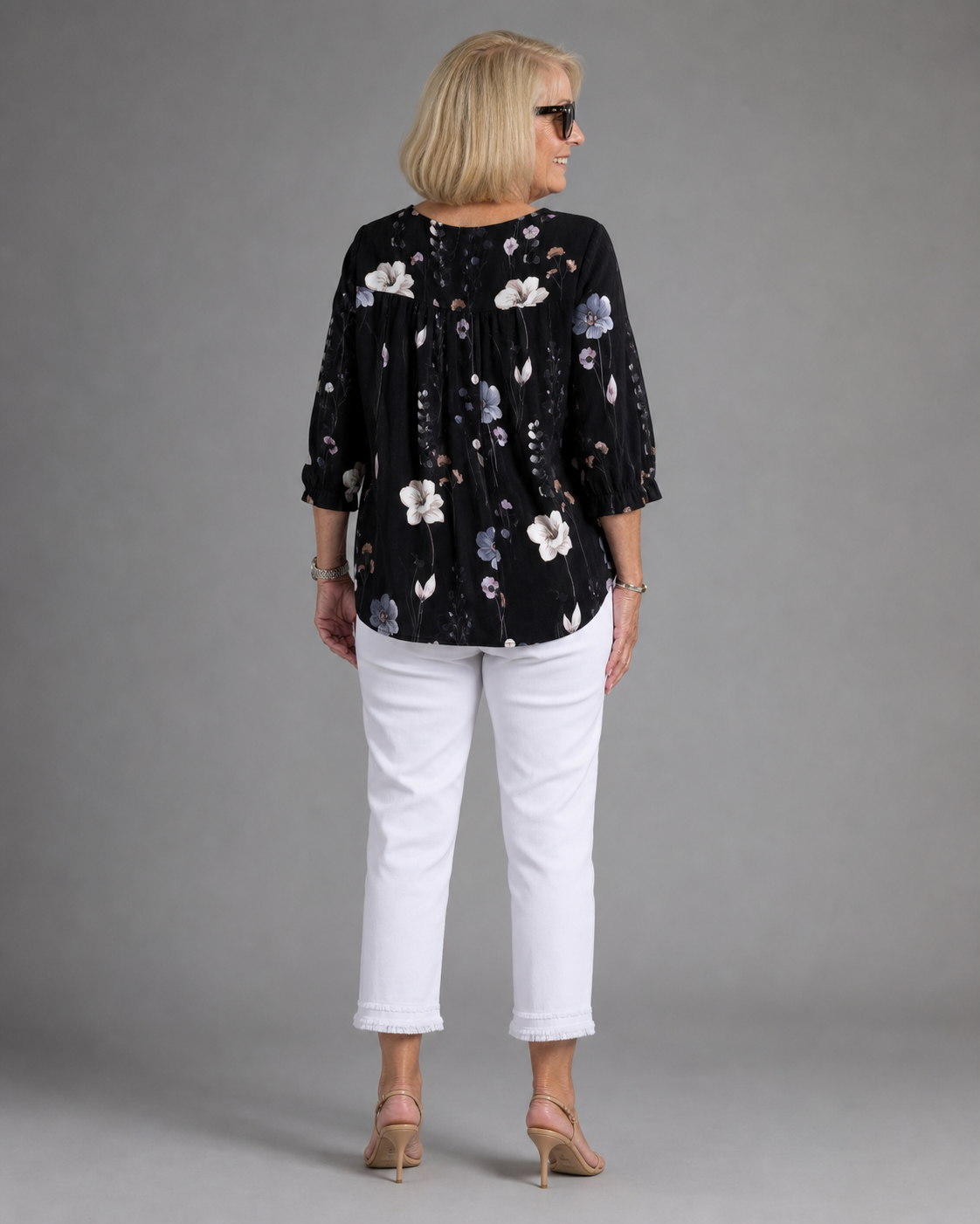 Sherry Floral Blouse | Women's V-Neck Relaxed Top — Black — back